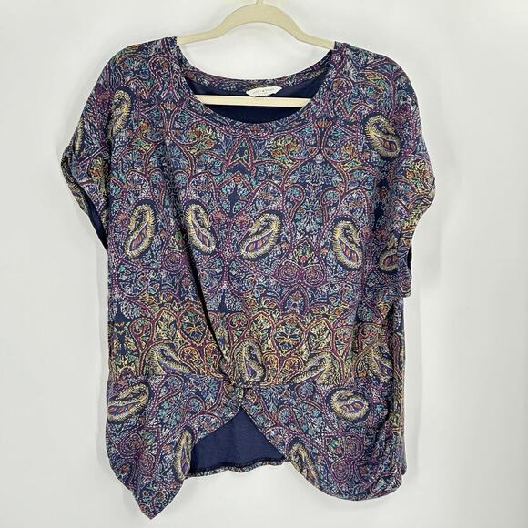 Lucky Brand Boho Paisley Modal Blend Twist Front Short Sleeve Top Women’s XL - Picture 1 of 9
